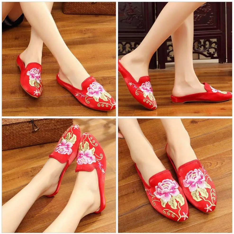 1 Pair Ethnic Women Embroidery Slipper Comfortable Soft Lady Chinese Floral Peony Slippers