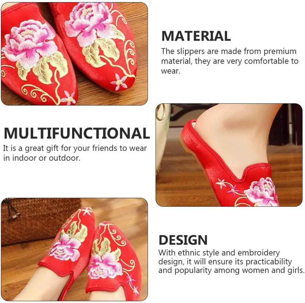 1 Pair Ethnic Women Embroidery Slipper Comfortable Soft Lady Chinese Floral Peony Slippers