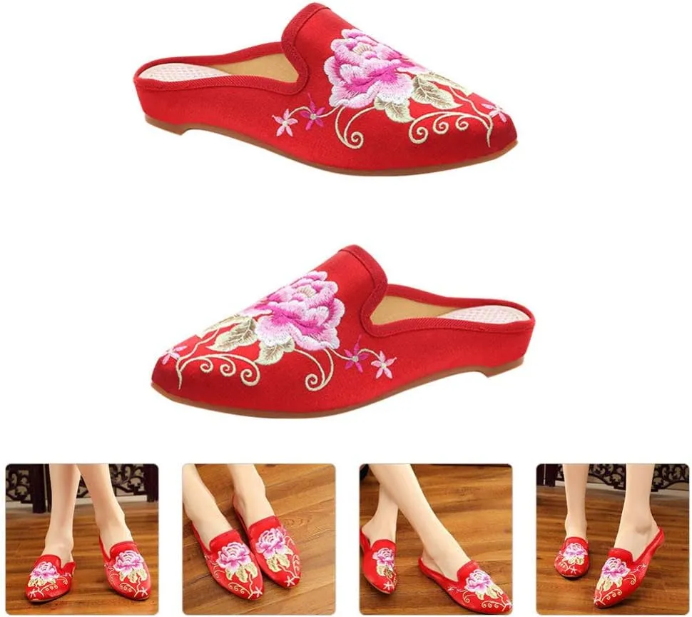 1 Pair Ethnic Women Embroidery Slipper Comfortable Soft Lady Chinese Floral Peony Slippers