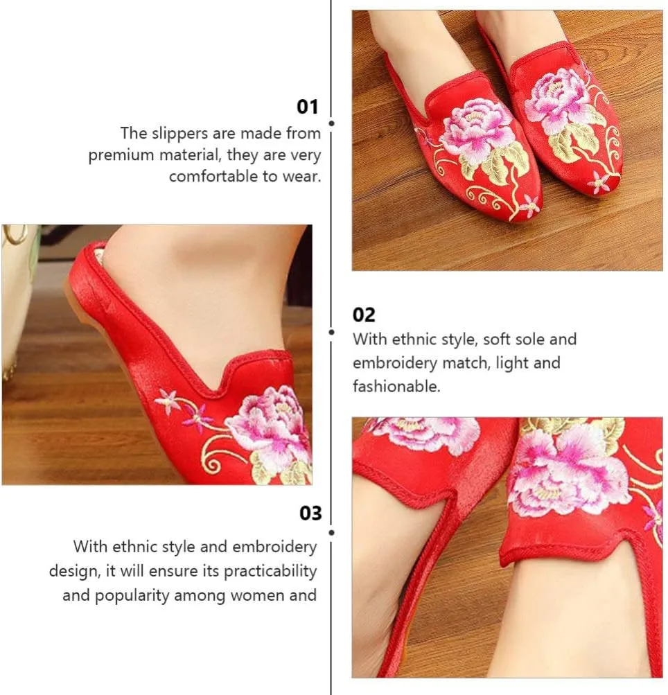 1 Pair Ethnic Women Embroidery Slipper Comfortable Soft Lady Chinese Floral Peony Slippers