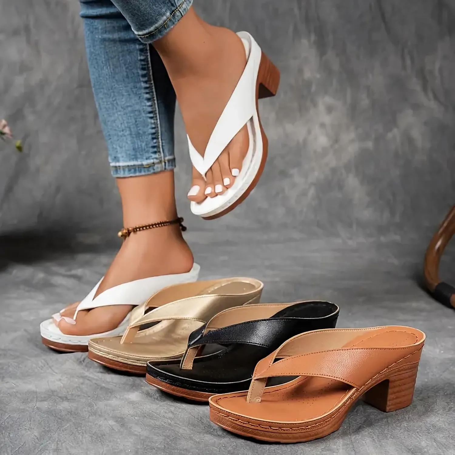 2025 Womens Chunky Heel Thong Sandals Flip Flops Slip On Square Open Toe Slippers Low Stacked Heeled Mules,Summer Wedges Casual Shoes,Comfortable Low Heels Slides