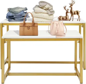 2PCS Shoes Handbag Display Stand Gold Modern Nesting Tables Set Metal Display Riser Shelf for Home Clothing Shops Retail Stores Gold,Load 110lbs(39.37x15.75x22in;31.5x15.75x18.1in)