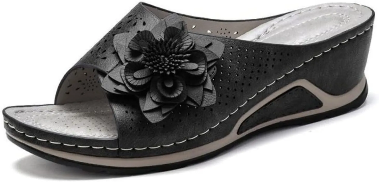 3D Floral Cutout Women's Leather Soft Insole Orthopedic Arch Support Sandals, Retro Bohemian Wedge Slippers, Suede Moccasins.