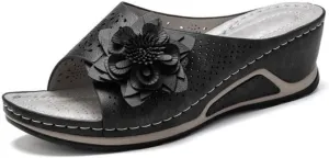 3D Floral Cutout Women's Leather Soft Insole Orthopedic Arch Support Sandals, Retro Bohemian Wedge Slippers, Suede Moccasins.