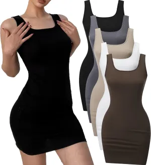 5 Piece Women Sleeveless Tank Dresses Square Neck Slim Fit Short Casual Bodycon Party Club Mini Dress
