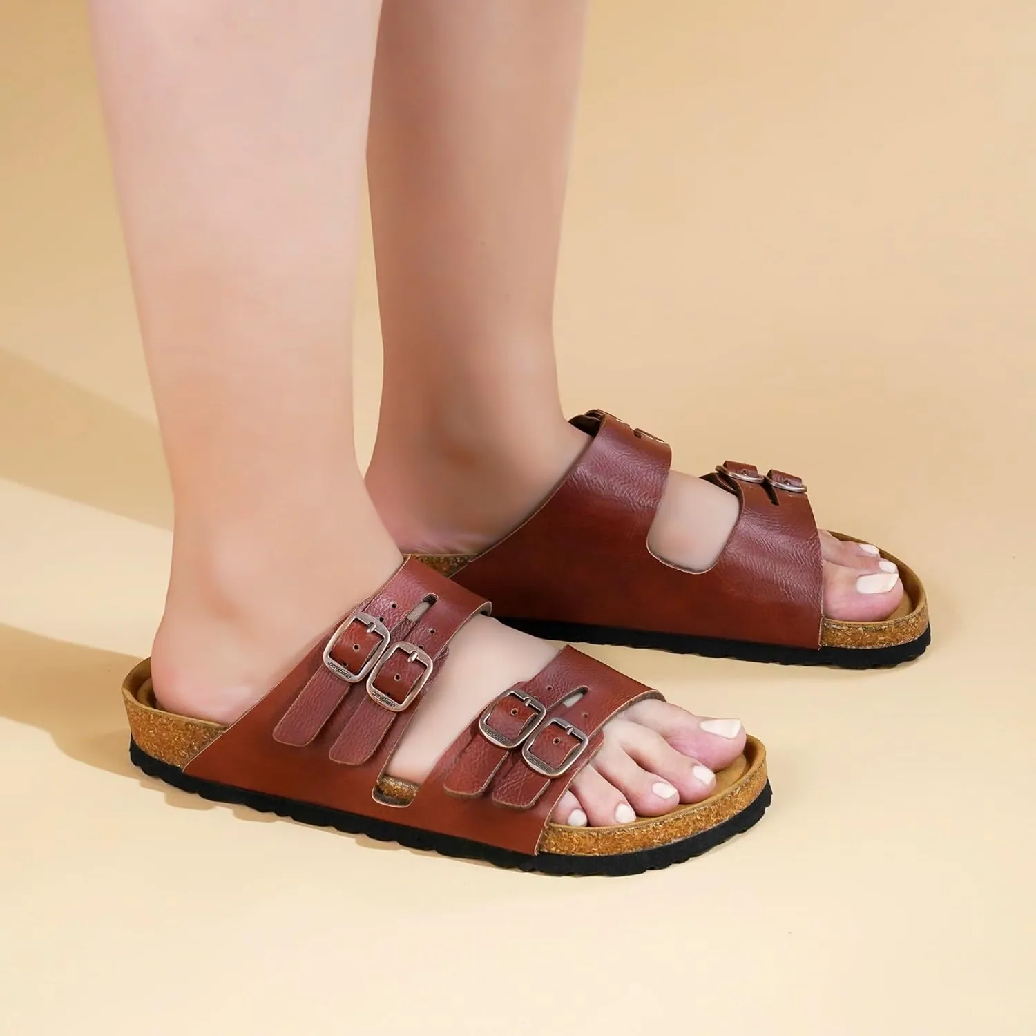 AEROTHOTIC Arch Support Recovery Slides for Women Comfy Memory Foam Cork Footbed Double Straps with Adjustable Buckle Slip on Beach Dressy Outdoor Ladies Sandals