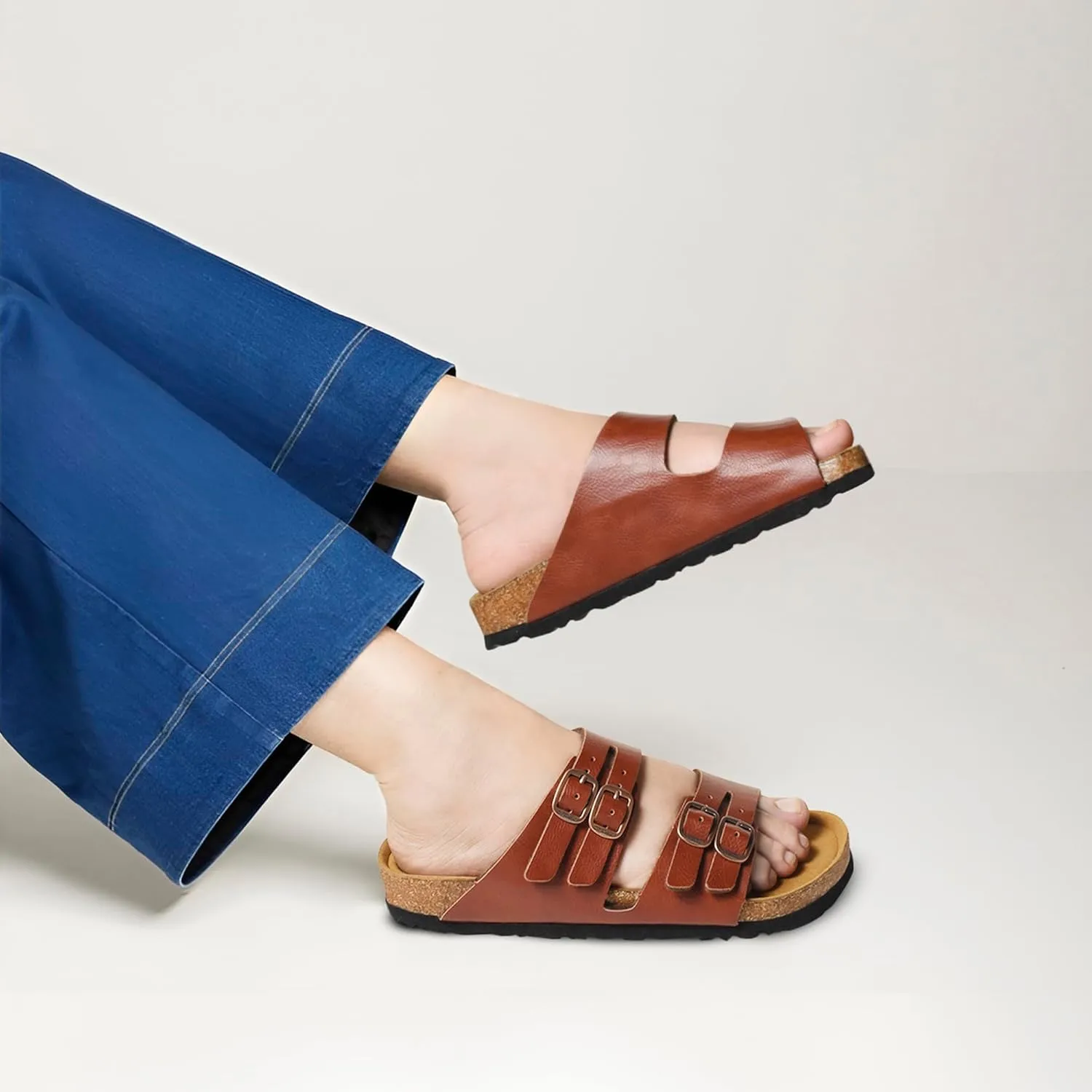 AEROTHOTIC Arch Support Recovery Slides for Women Comfy Memory Foam Cork Footbed Double Straps with Adjustable Buckle Slip on Beach Dressy Outdoor Ladies Sandals