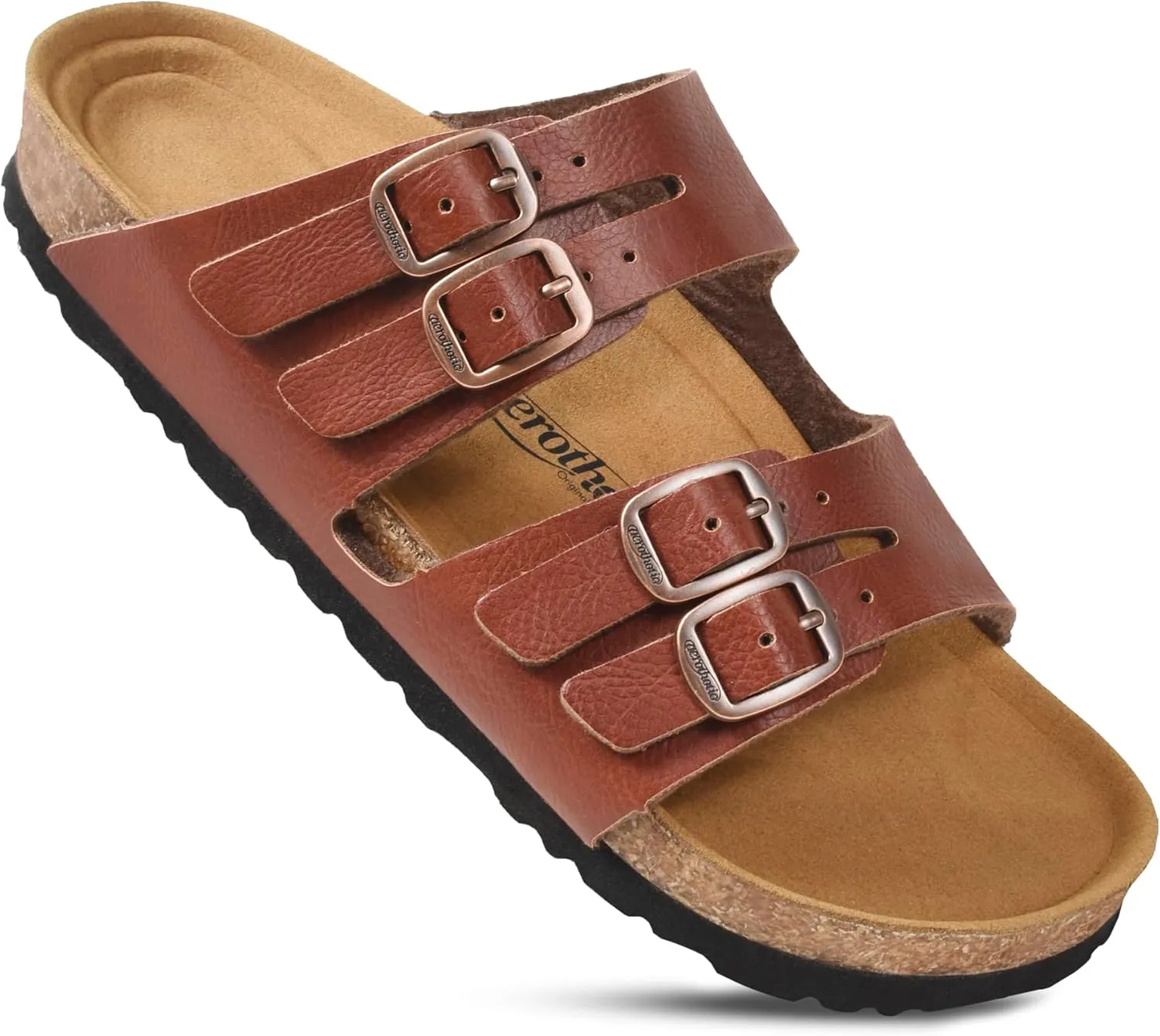 AEROTHOTIC Arch Support Recovery Slides for Women Comfy Memory Foam Cork Footbed Double Straps with Adjustable Buckle Slip on Beach Dressy Outdoor Ladies Sandals