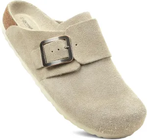 AEROTHOTIC Genuine Leather Clogs for Women with Arch Support Memory Foam Cork Footbed Indoor and Outdoor Adjustable Buckle Potato Shoes Comfortable Mules