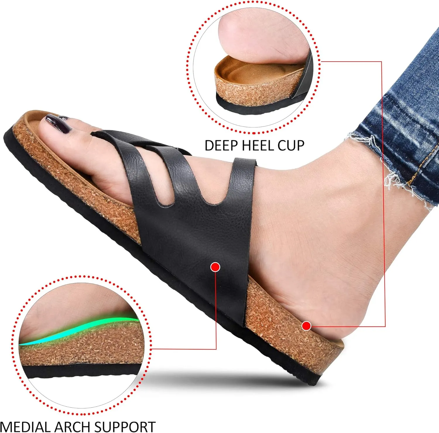 AEROTHOTIC Womens Strappy Slip-On Modern Memory Foam Cushion Footbed Outdoor Adjustable Buckle Cork Footbed Slides for Sandals with Comfortable Arch Support