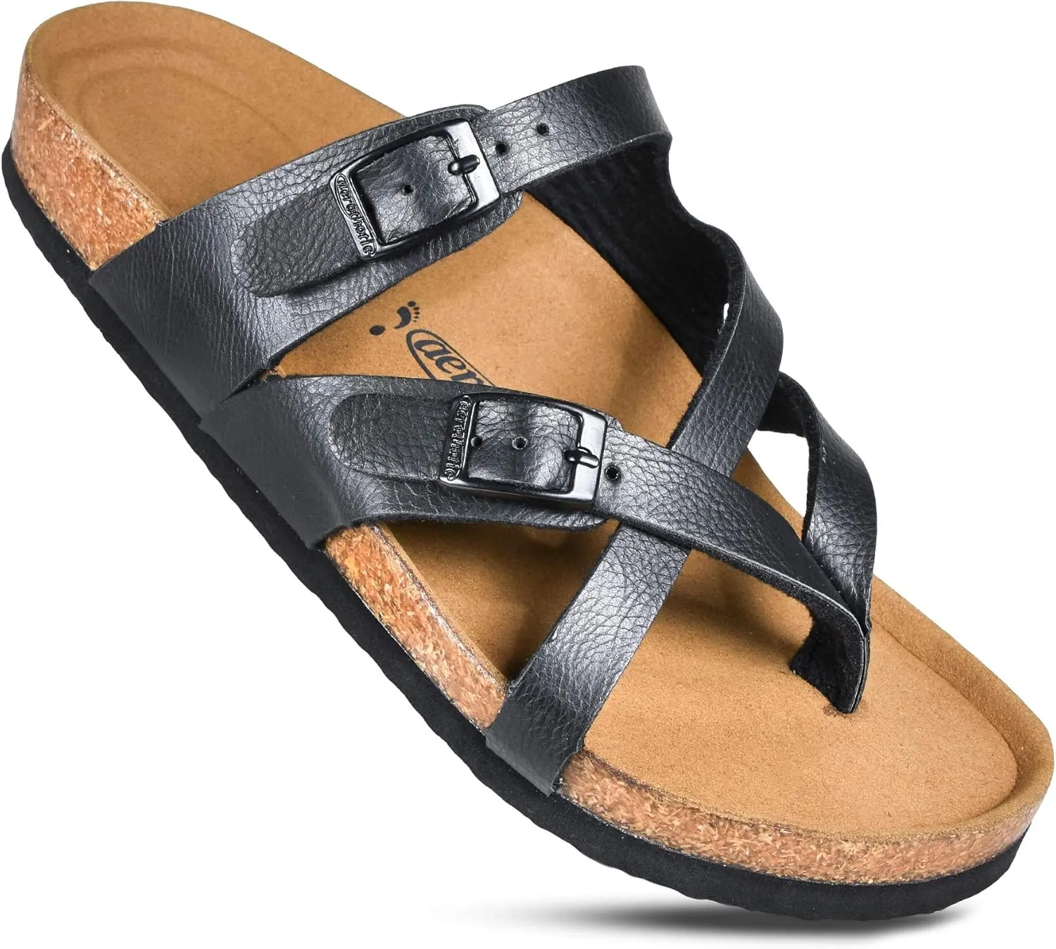 AEROTHOTIC Womens Strappy Slip-On Modern Memory Foam Cushion Footbed Outdoor Adjustable Buckle Cork Footbed Slides for Sandals with Comfortable Arch Support