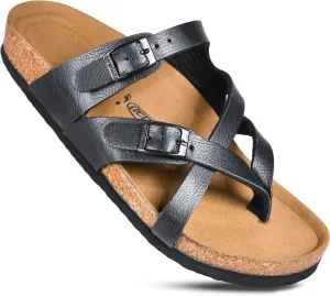 AEROTHOTIC Womens Strappy Slip-On Modern Memory Foam Cushion Footbed Outdoor Adjustable Buckle Cork Footbed Slides for Sandals with Comfortable Arch Support