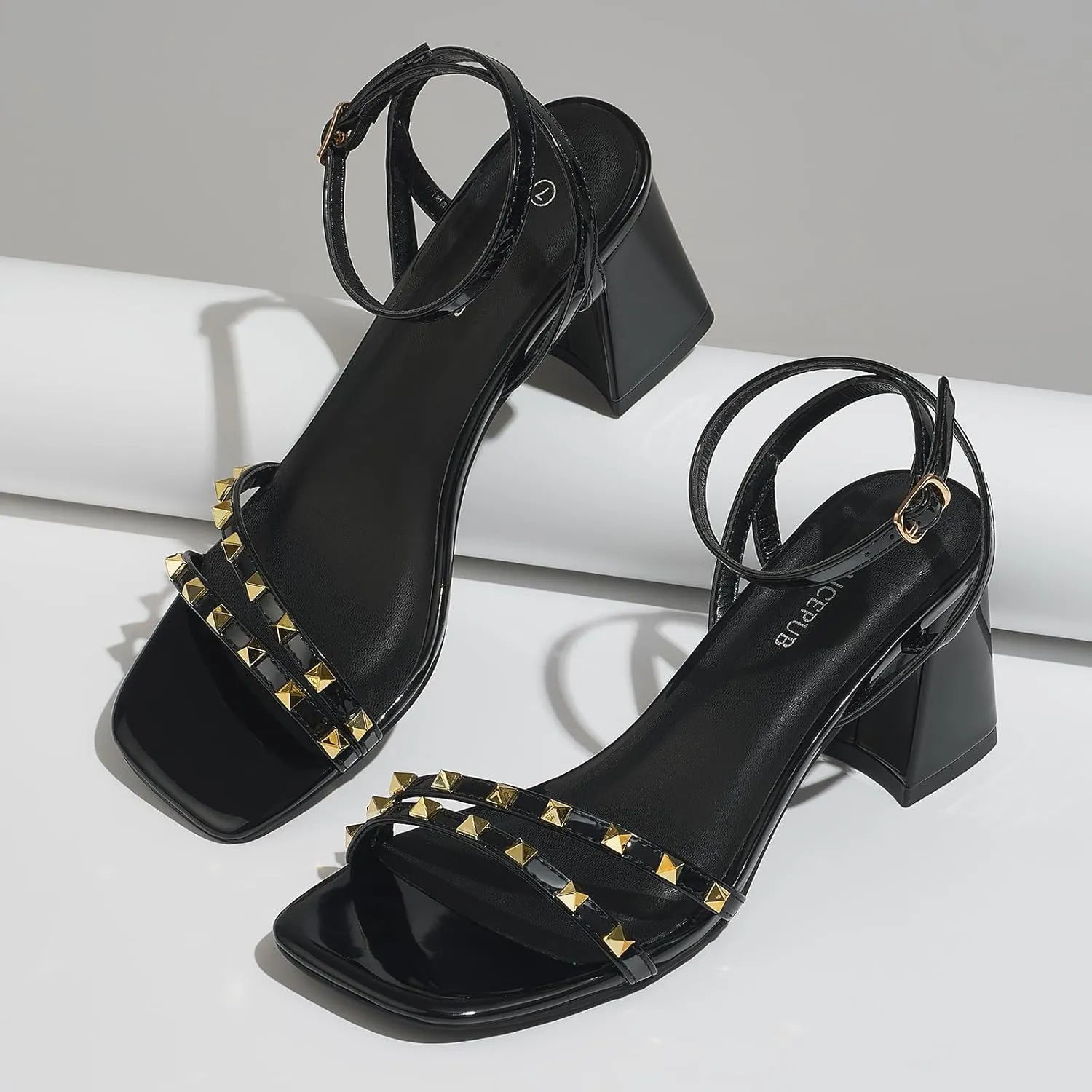 ALICEPUB Women's Chunky Block Heels Strappy Heels Square Open Toe Heeled Sandals Short Heels Comfortable Dressy Shoes Wedding Bridal Party