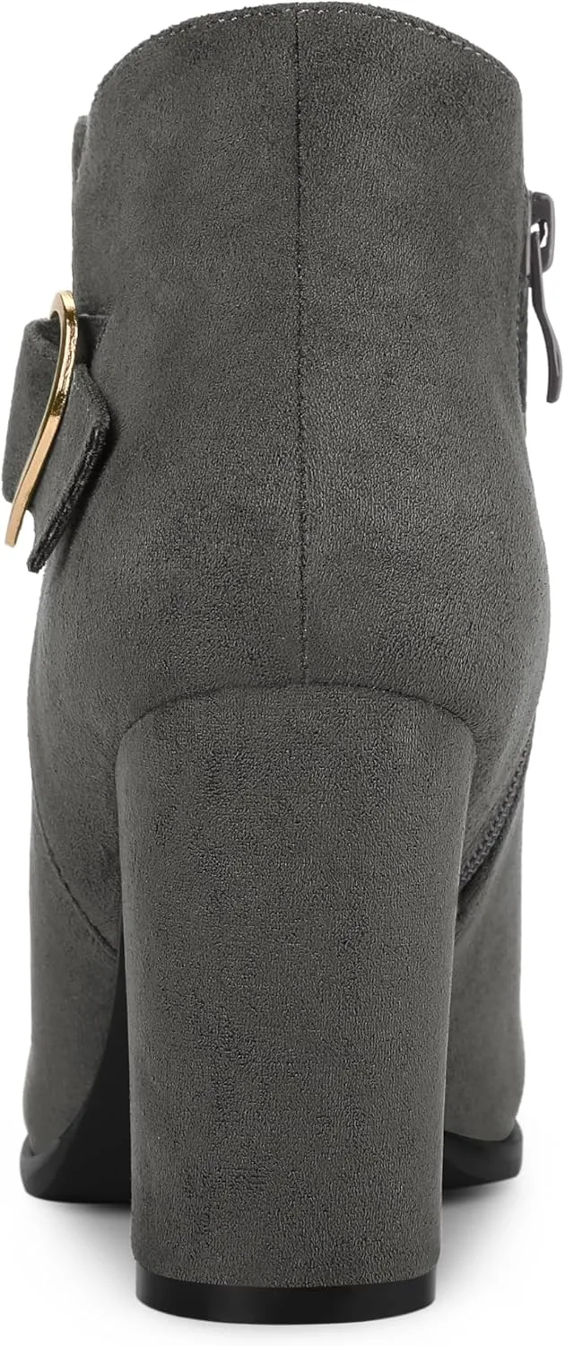 Allegra K Women's Buckle Side Zip Chunky Heels Ankle Boots