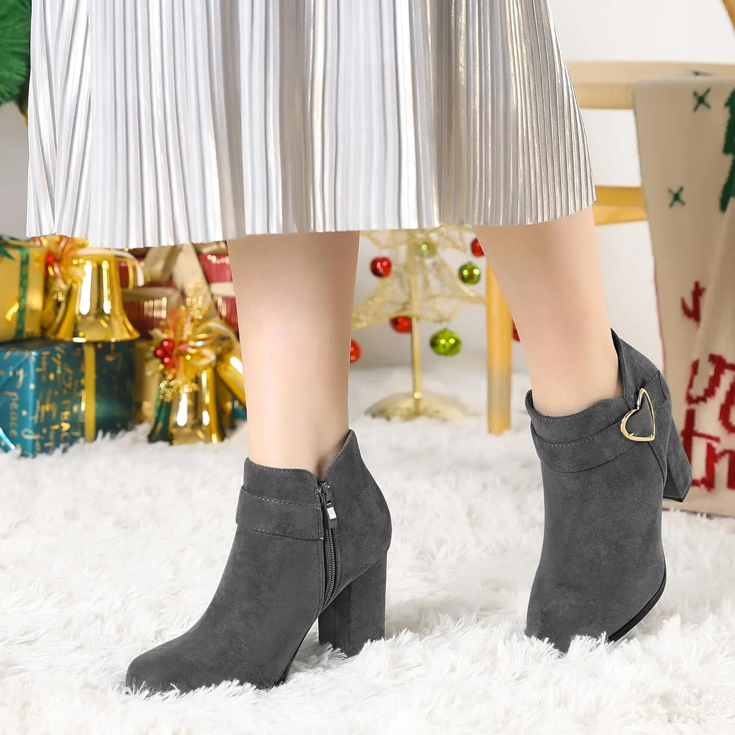 Allegra K Women's Buckle Side Zip Chunky Heels Ankle Boots