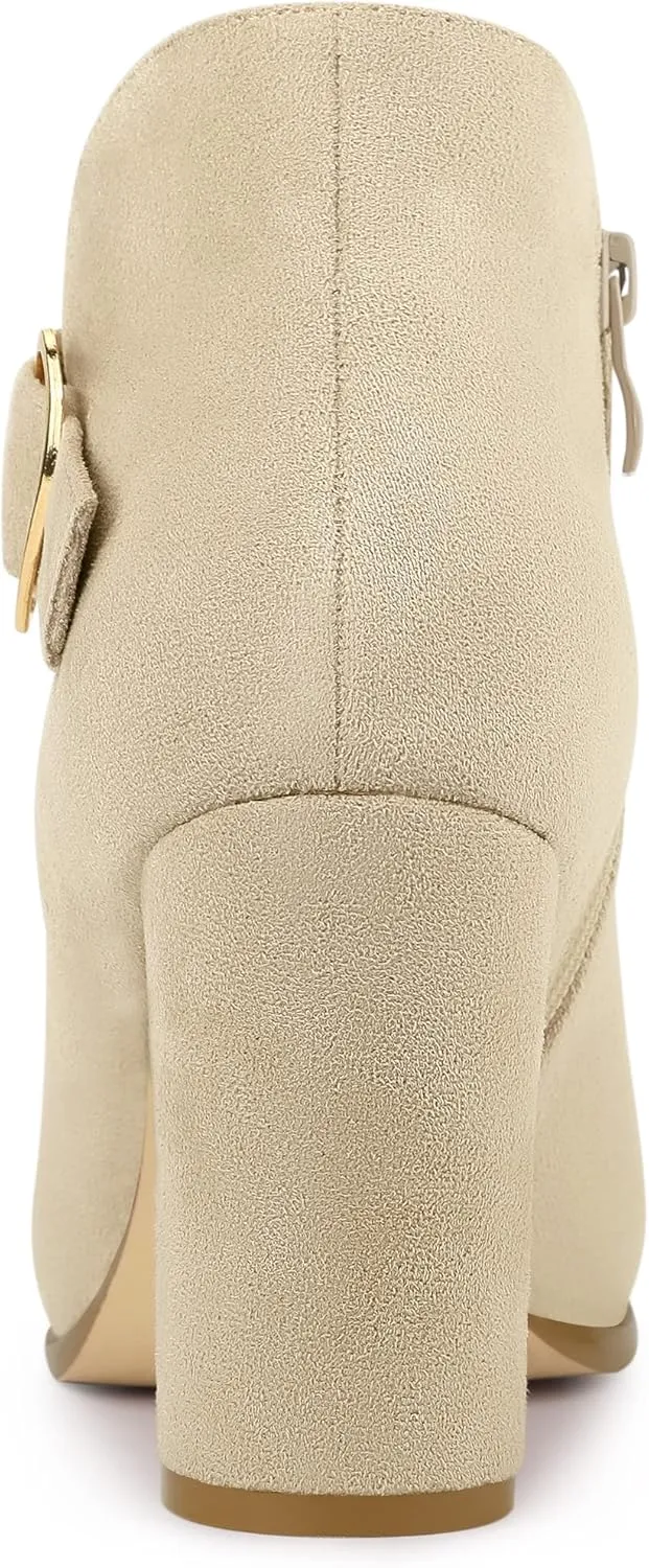 Allegra K Women's Buckle Side Zip Chunky Heels Ankle Boots
