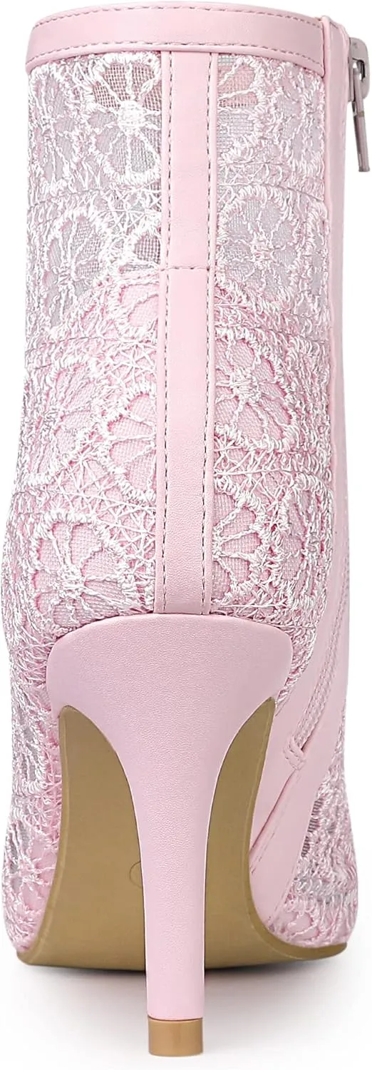 Allegra K Women's Floral Embroidered Stiletto Heels Lace Ankle Boots