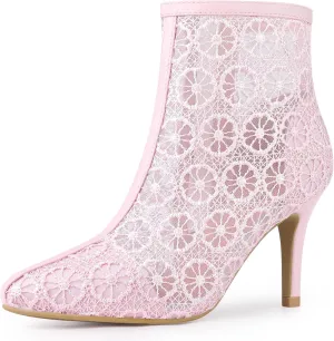 Allegra K Women's Floral Embroidered Stiletto Heels Lace Ankle Boots