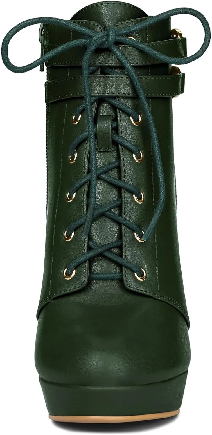 Allegra K Women's Lace Up Strap Platform Block Heels Ankle Boots