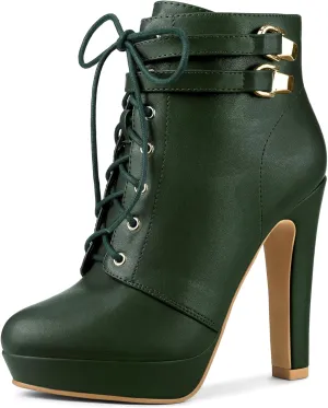 Allegra K Women's Lace Up Strap Platform Block Heels Ankle Boots