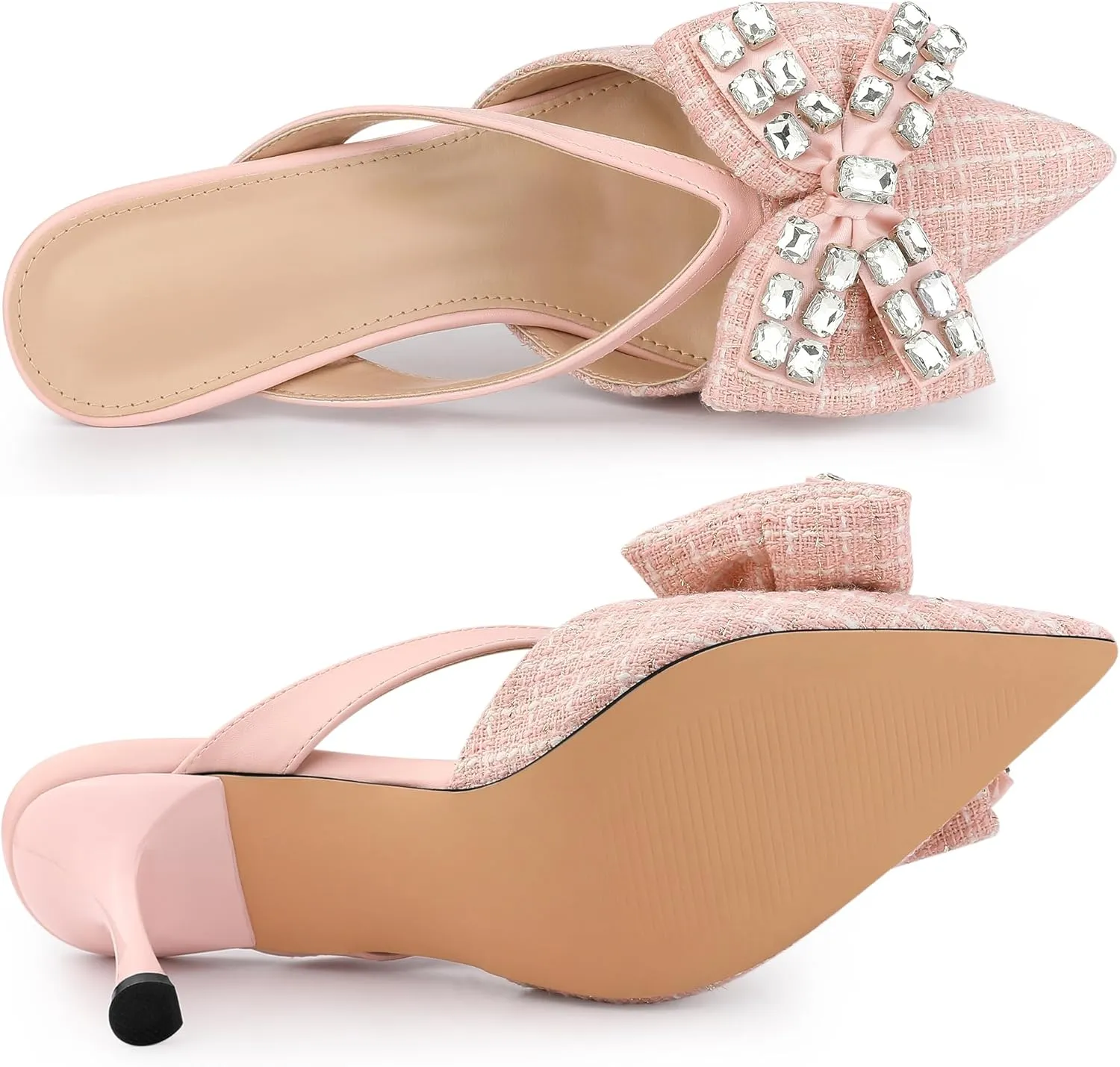 Allegra K Women's Pointed Toe Tweed Rhinestone Bow Stiletto Heels Mules