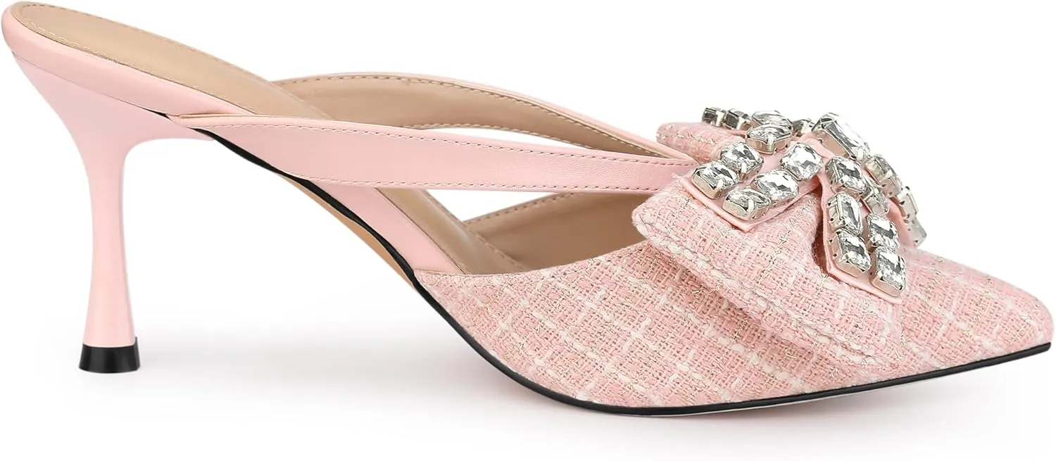 Allegra K Women's Pointed Toe Tweed Rhinestone Bow Stiletto Heels Mules