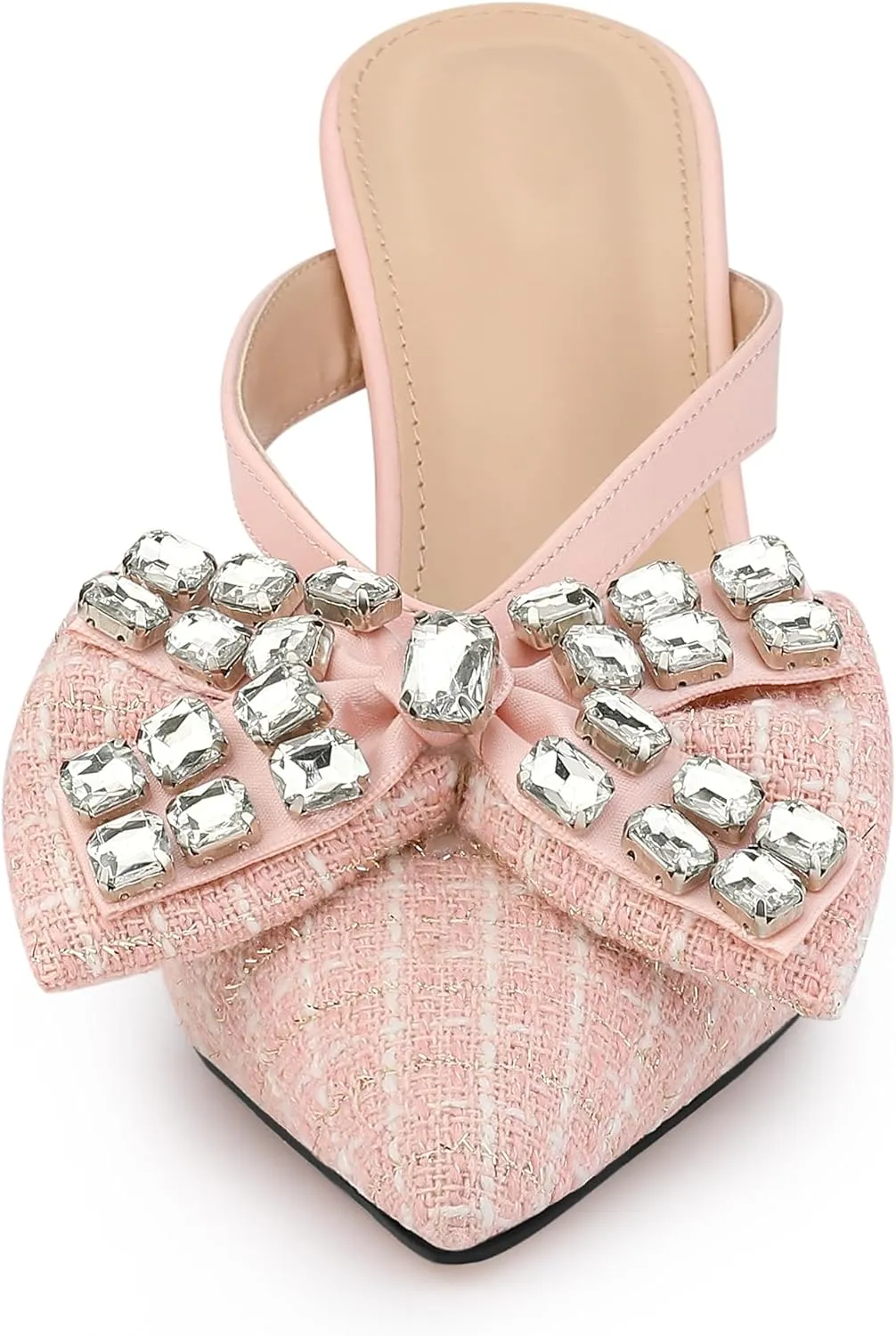 Allegra K Women's Pointed Toe Tweed Rhinestone Bow Stiletto Heels Mules