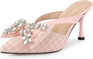 Allegra K Women's Pointed Toe Tweed Rhinestone Bow Stiletto Heels Mules