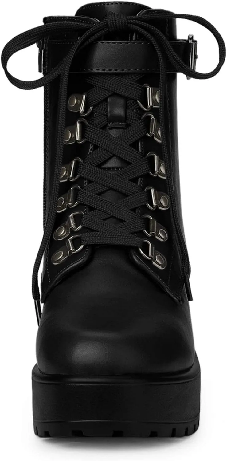 Allegra K Women's Zip Chunky Heel Platform Ankle Combat Boots