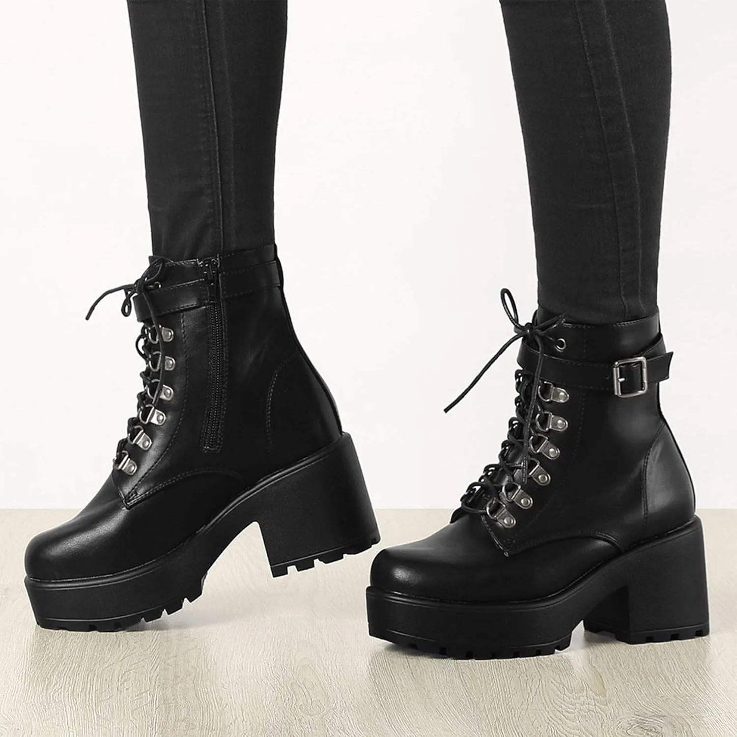 Allegra K Women's Zip Chunky Heel Platform Ankle Combat Boots