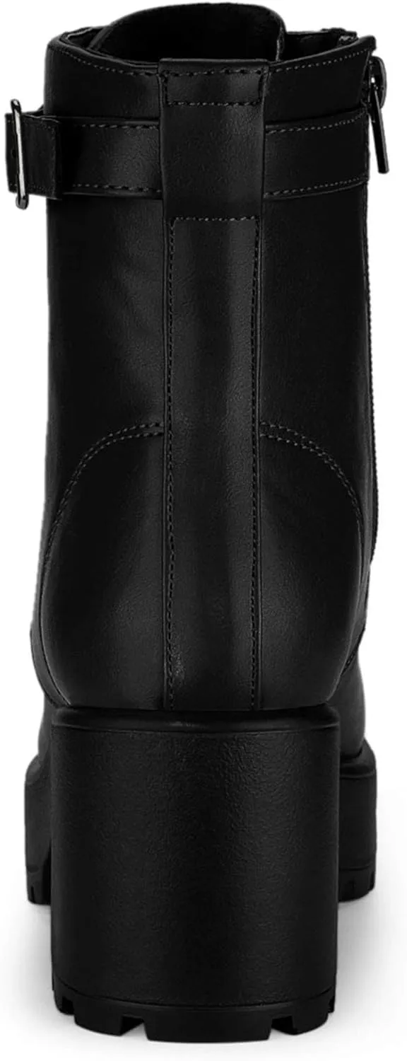Allegra K Women's Zip Chunky Heel Platform Ankle Combat Boots