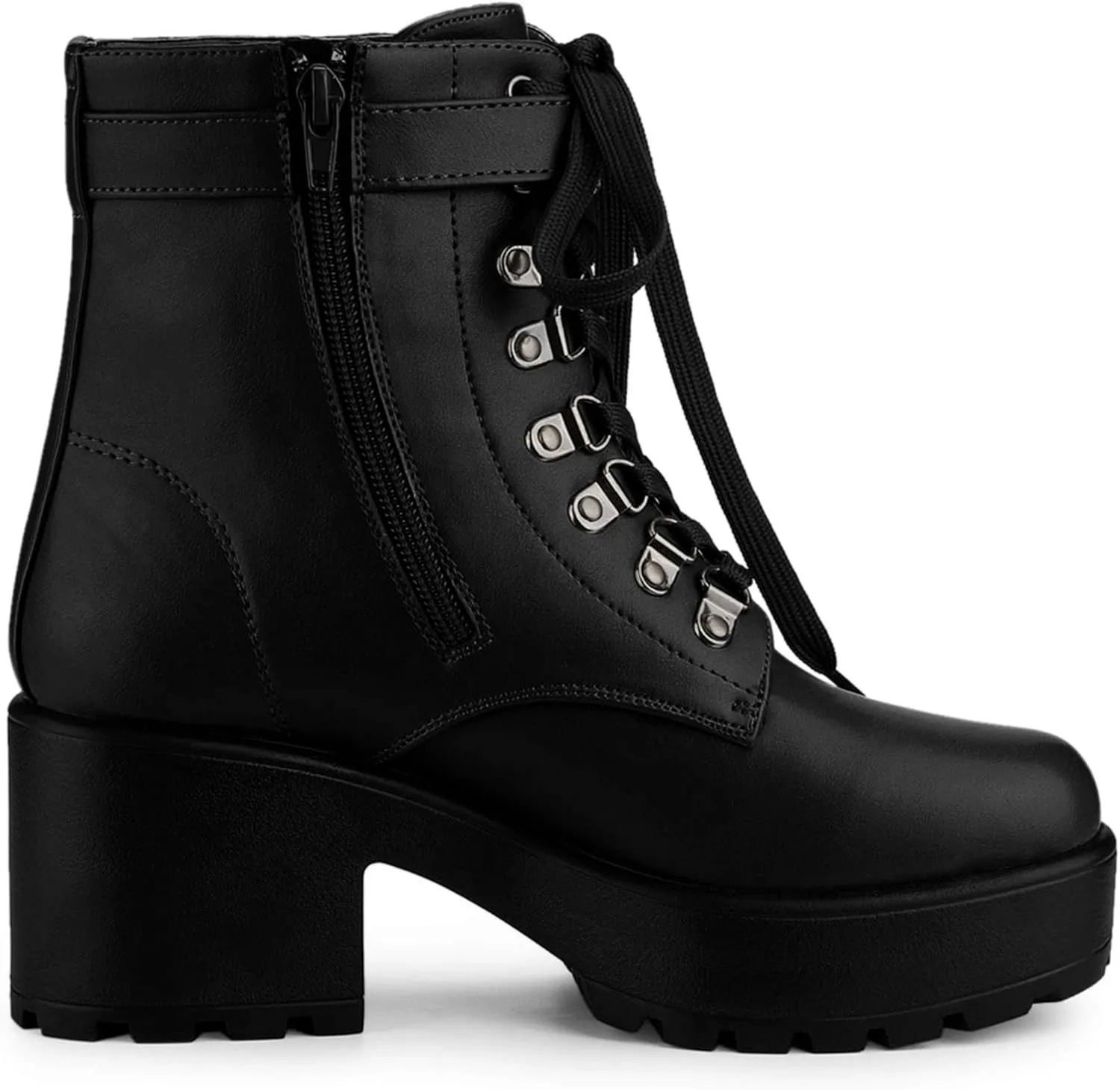 Allegra K Women's Zip Chunky Heel Platform Ankle Combat Boots