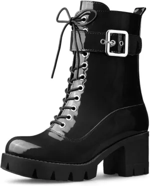 Allegra K Women's Zip Platform Chunky Heel Combat Boots