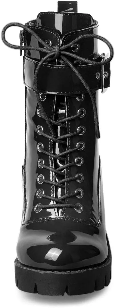 Allegra K Women's Zip Platform Chunky Heel Combat Boots