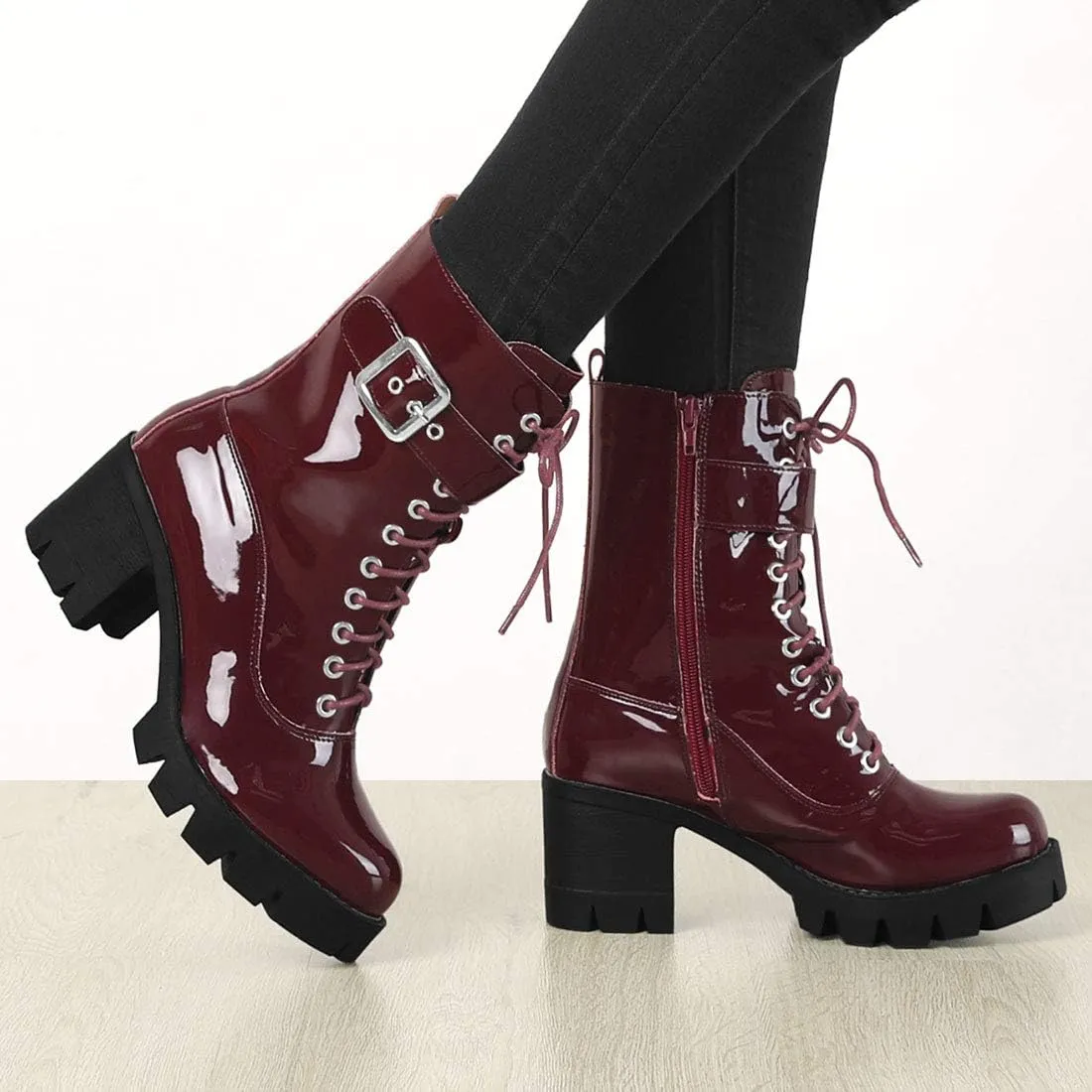 Allegra K Women's Zip Platform Chunky Heel Combat Boots
