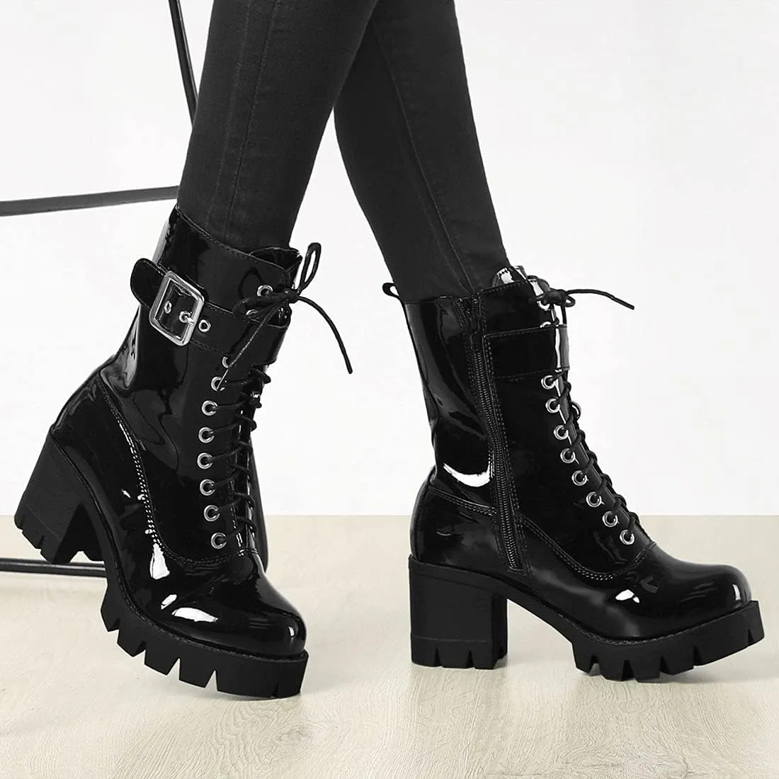Allegra K Women's Zip Platform Chunky Heel Combat Boots