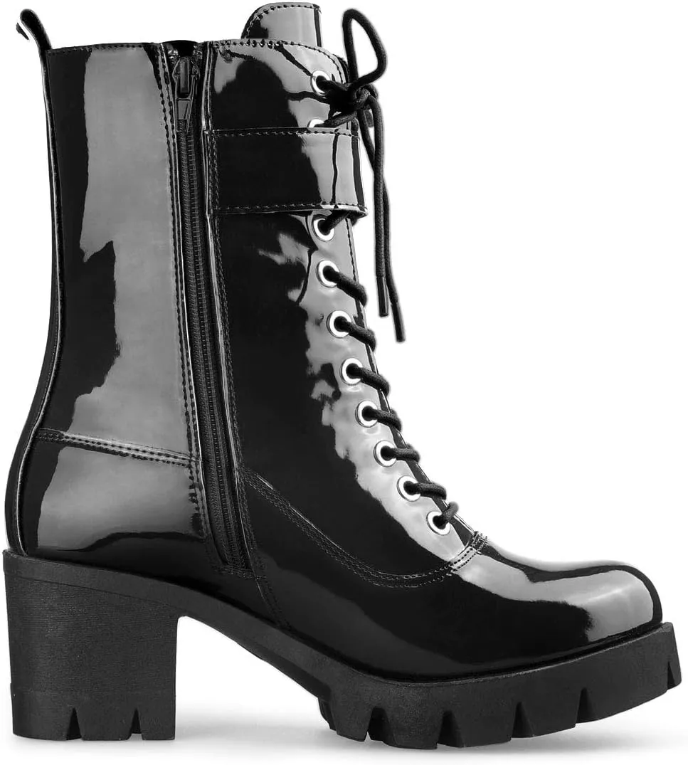 Allegra K Women's Zip Platform Chunky Heel Combat Boots