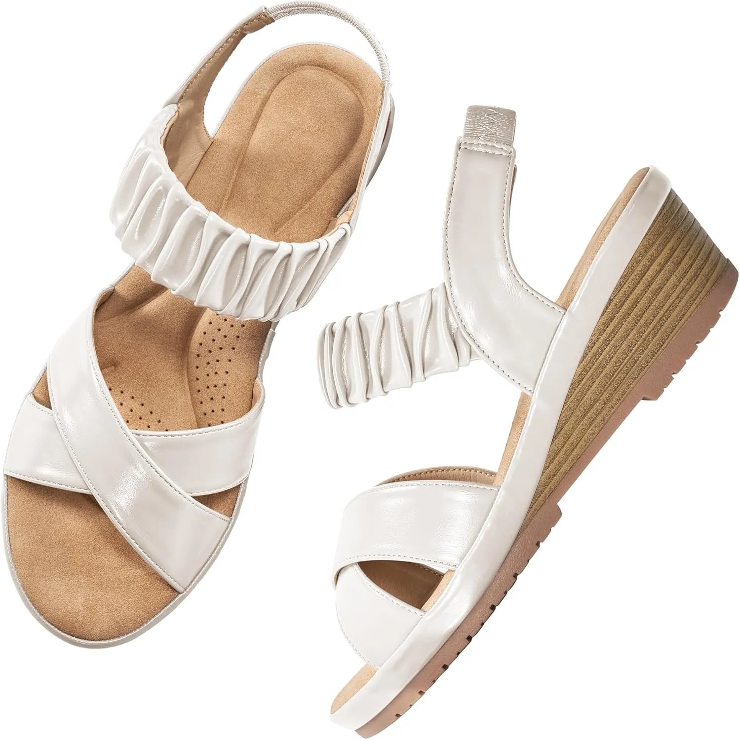 Almusen Womens Wedge Sandals Dressy: Comfortable Elastic Ankle Strap Summer Low Heel Work Sandals for Women Fashion Cross Band Wedding Shoes