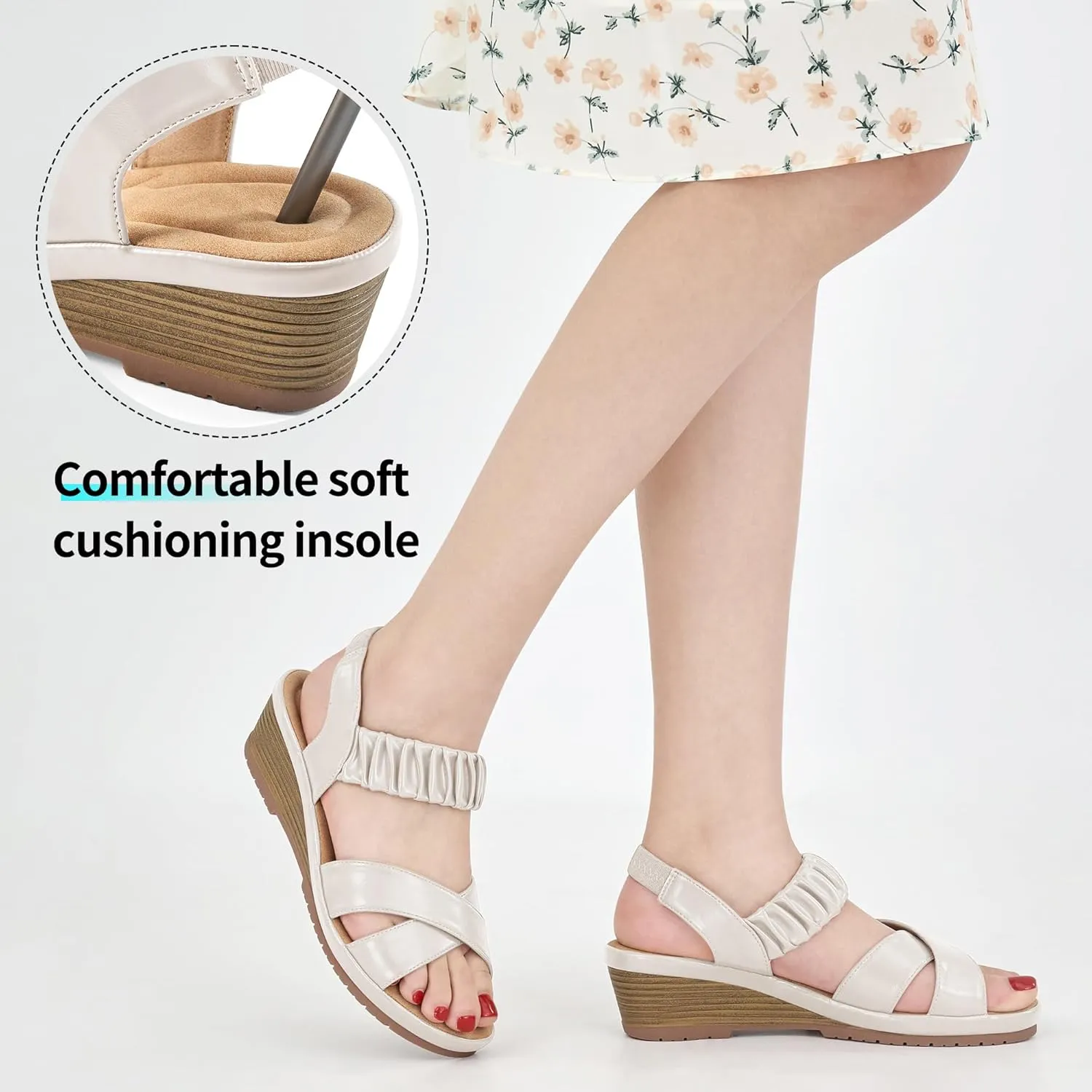 Almusen Womens Wedge Sandals Dressy: Comfortable Elastic Ankle Strap Summer Low Heel Work Sandals for Women Fashion Cross Band Wedding Shoes