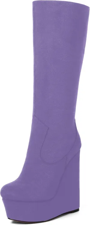 AMBELIGHT Womens Suede Party Platform Knee High Round Toe Zip Fashion Wedge High Heel Mid Calf Boots 6 Inch