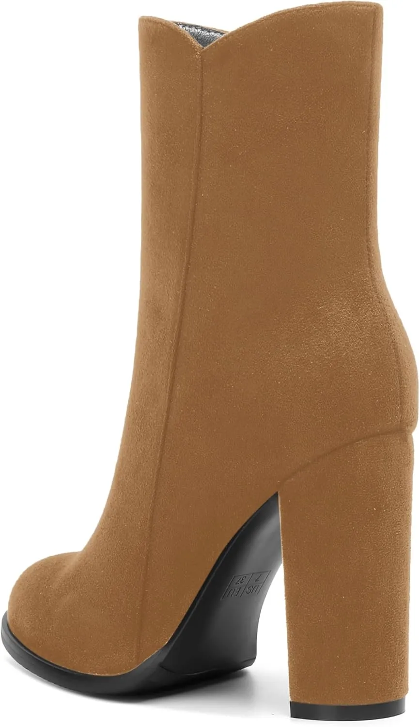 AMBELIGHT Womens Suede Round Toe Dress Fashion Solid Zip Chunky High Heel Ankle High Boots 4 Inch