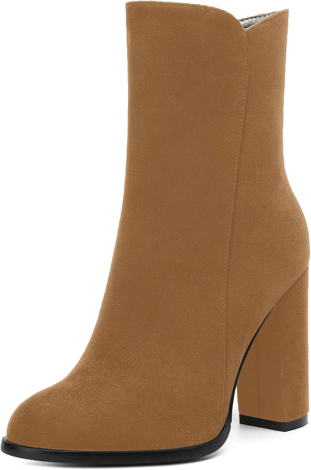 AMBELIGHT Womens Suede Round Toe Dress Fashion Solid Zip Chunky High Heel Ankle High Boots 4 Inch