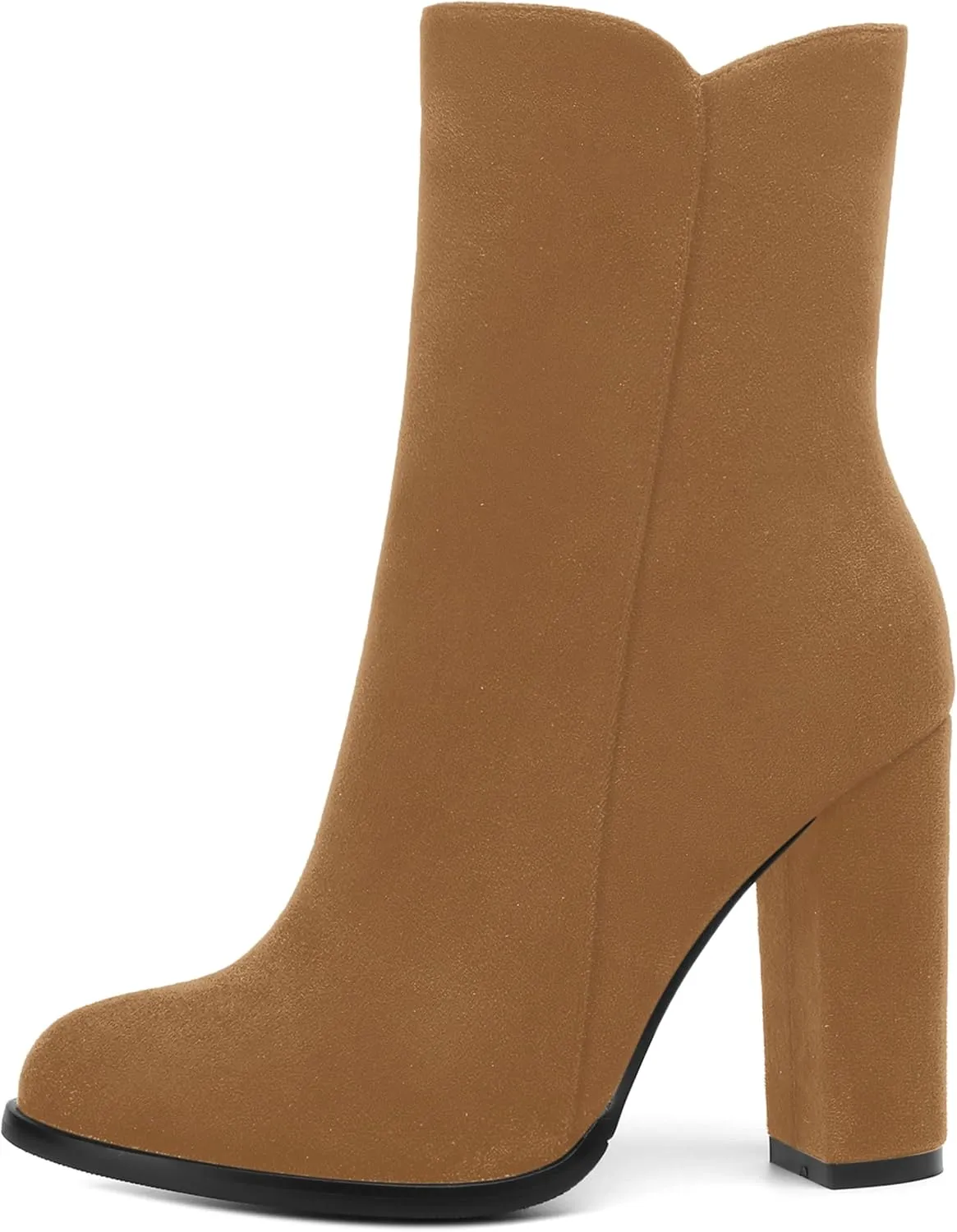 AMBELIGHT Womens Suede Round Toe Dress Fashion Solid Zip Chunky High Heel Ankle High Boots 4 Inch