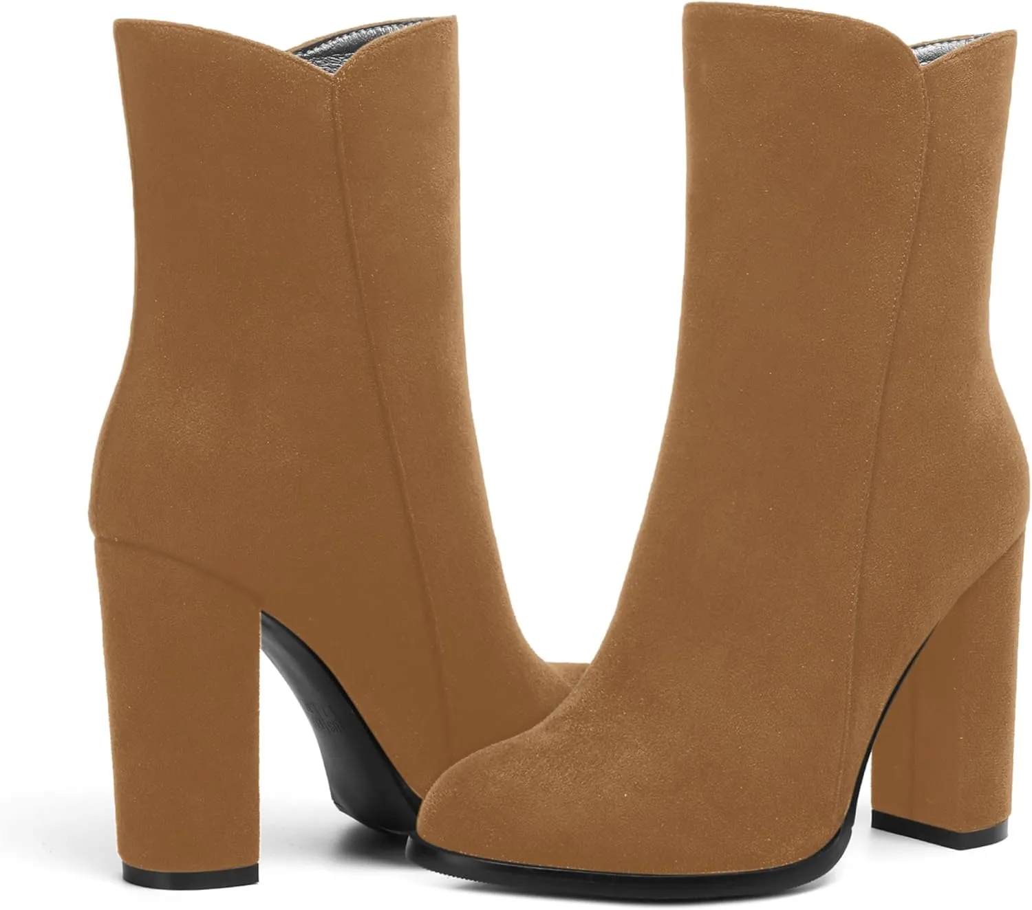 AMBELIGHT Womens Suede Round Toe Dress Fashion Solid Zip Chunky High Heel Ankle High Boots 4 Inch