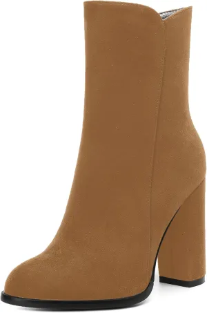 AMBELIGHT Womens Suede Round Toe Dress Fashion Solid Zip Chunky High Heel Ankle High Boots 4 Inch