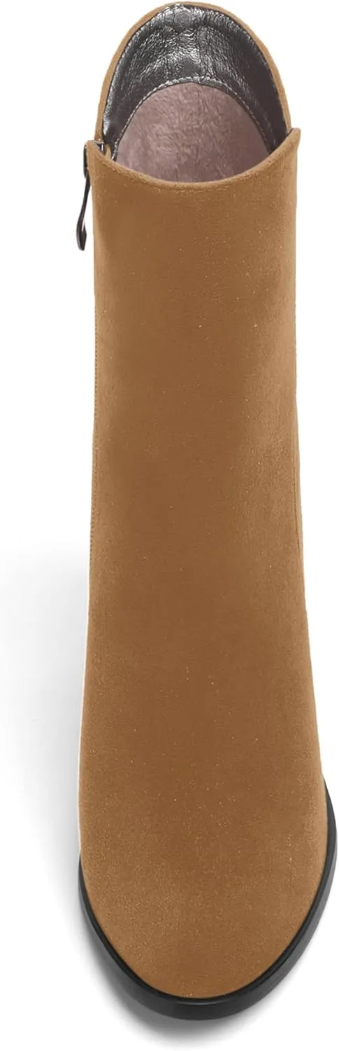 AMBELIGHT Womens Suede Round Toe Dress Fashion Solid Zip Chunky High Heel Ankle High Boots 4 Inch