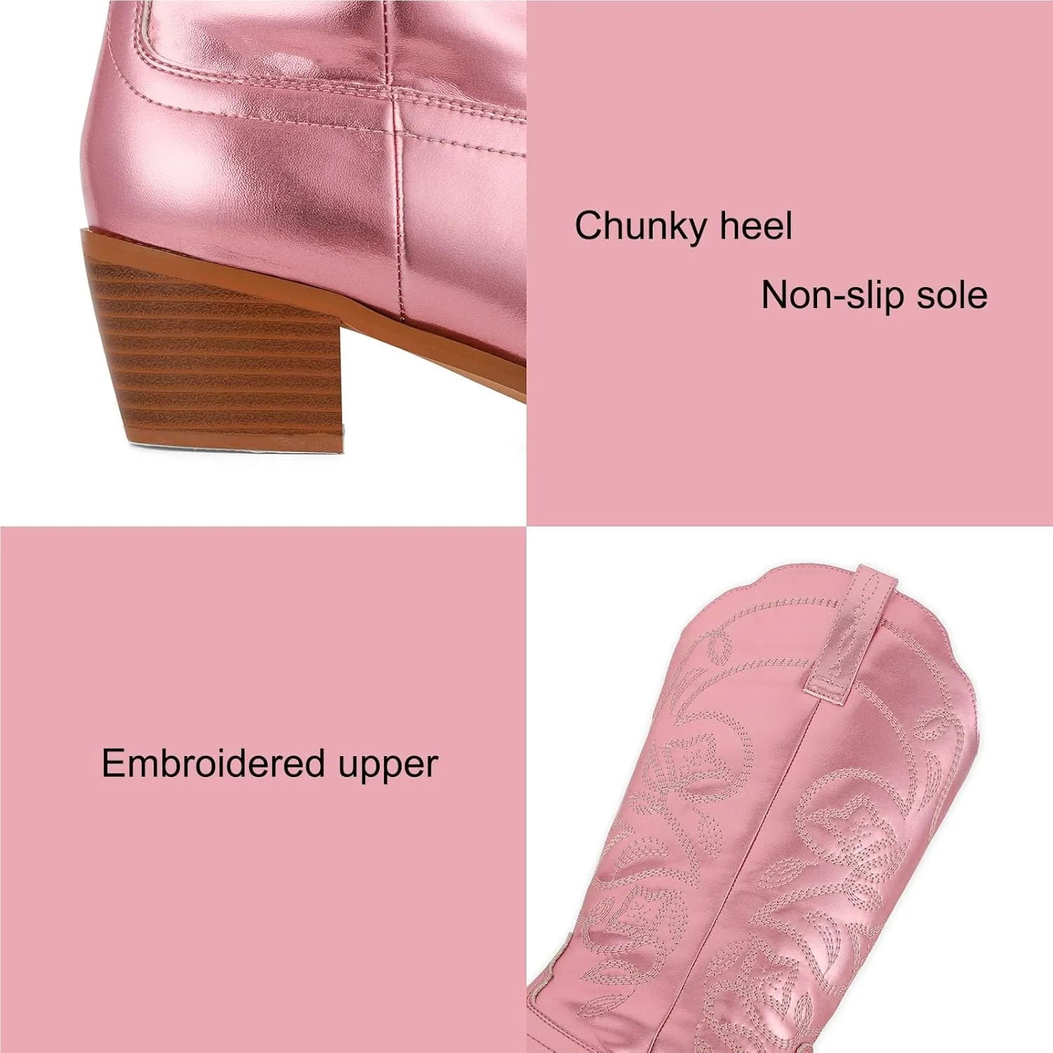 AMINUGAL Cowboy Boots for Women Mid Calf Cowgirl Boots Pointed Toe Chunky Heel Embroidered Western Boots Women Pull On Fashion Retro Classic Ankle Boots