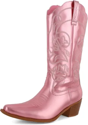 AMINUGAL Cowboy Boots for Women Mid Calf Cowgirl Boots Pointed Toe Chunky Heel Embroidered Western Boots Women Pull On Fashion Retro Classic Ankle Boots