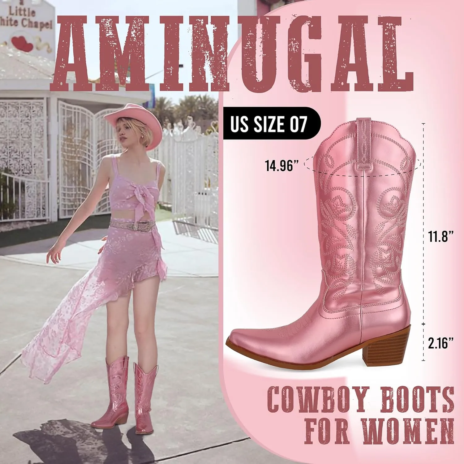 AMINUGAL Cowboy Boots for Women Mid Calf Cowgirl Boots Pointed Toe Chunky Heel Embroidered Western Boots Women Pull On Fashion Retro Classic Ankle Boots