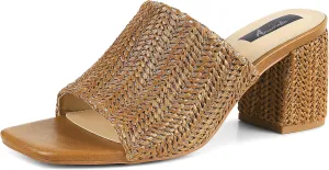 Ancomafio Heeled Sandals for Women，Raffia Sandals 2025 Chunky Heels Square Toe Mules Block Summer Shoes Slip On